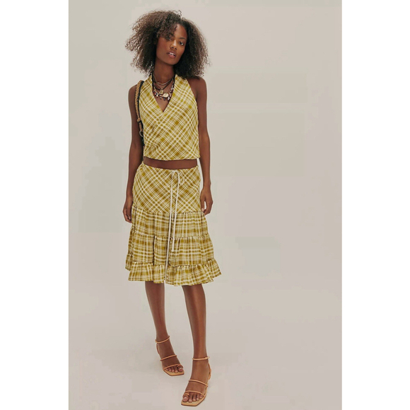 Free People Dresses & Skirts - Free People Women’s Traymore Plaid Set S Green Crop Top Ruffle Skirt Festival